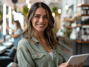 Responsable de salon de coiffure consultant un tableau de bord de pilotage sur tablette