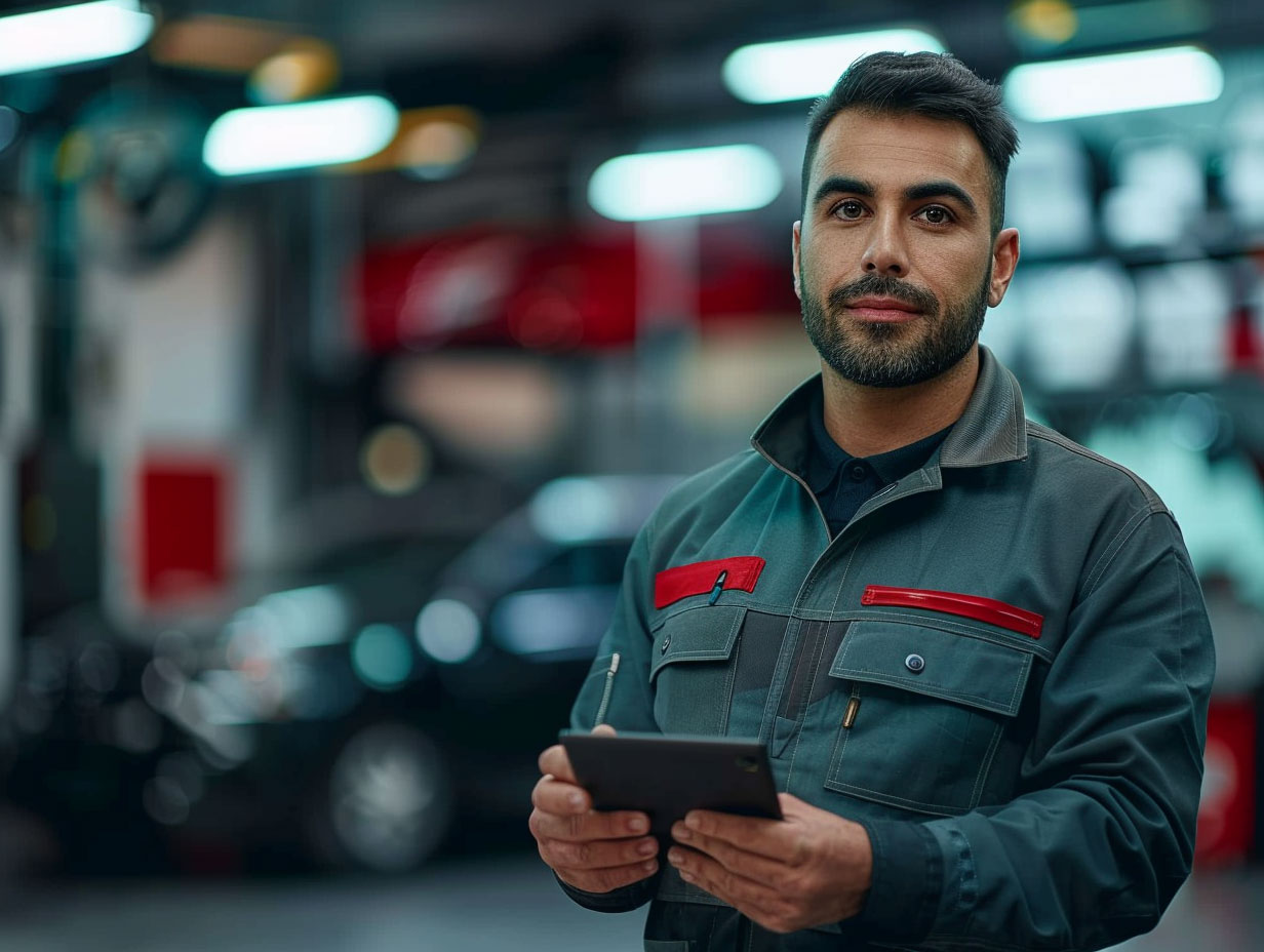 Professionnel de l’automobile consultant un tableau de bord de pilotage garage automobile sur tablette